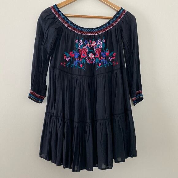 Free People Sunbeams Mini Dress Embroidered Boho Off Shoulder Flowy Black Small - Picture 3 of 14